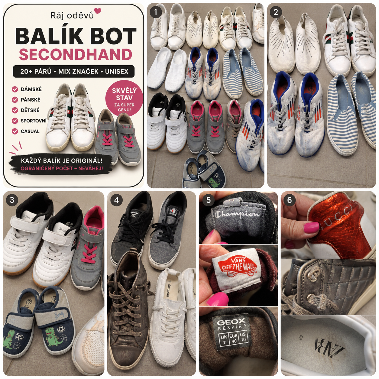 Balík 465/26 – 10 kg sportovní obuvi, dámská, pánská, dětská, mix kvality, 6 kg 1. jakost + 4 kg 2 jakost (větší čištění,více nošené)